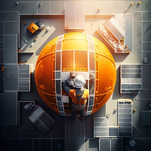 top view worker installing a solar cell on the factory roof future technology orange safety helmet sun light electric man modern project panel window people economical machine