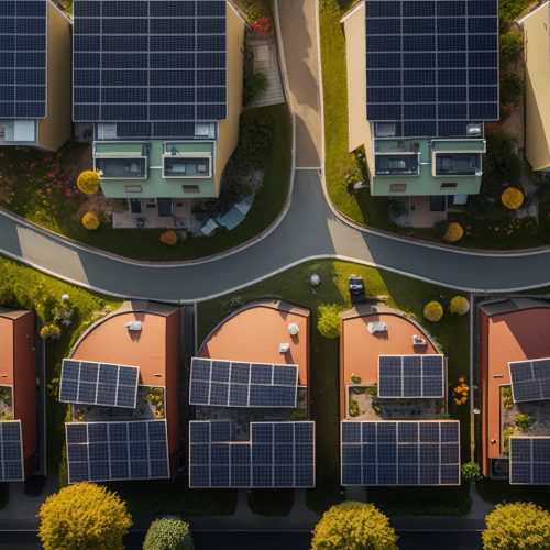 Drone view of Residential houses with solar panels. Generative Ai