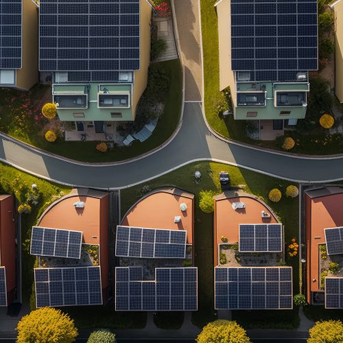 Drone view of Residential houses with solar panels. Generative Ai