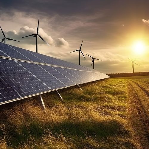 Picture showing wind fans and sun panels during a sunset.